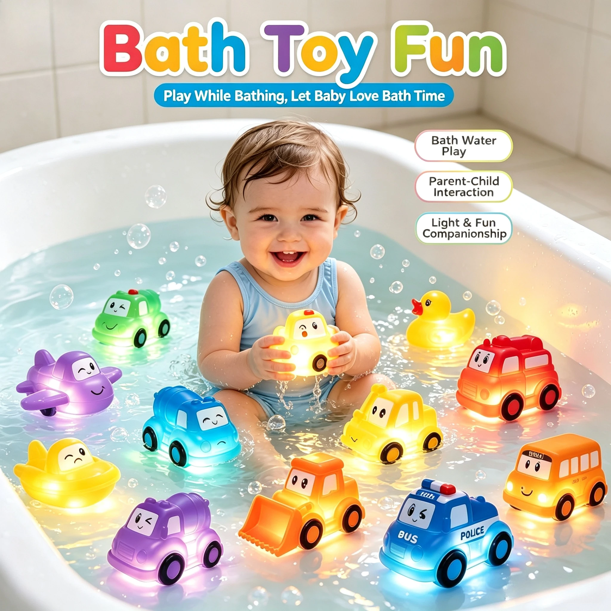 Touch Activated Light Up Car Toy, Cute Cartoon Vehicle, Vinyl Sensory Toy with Colorful Flashing Lights for Toddlers, Baby Bath