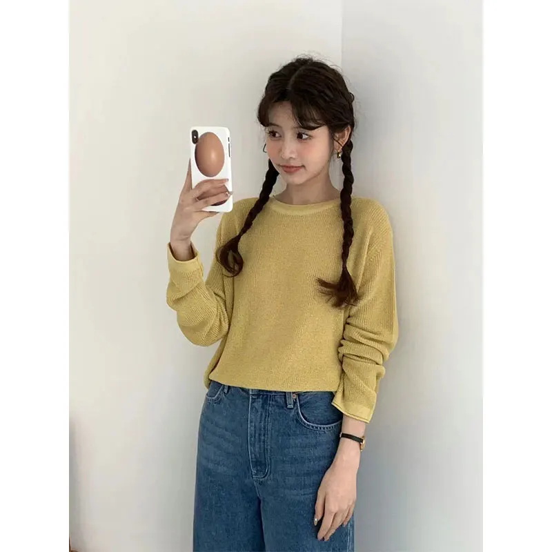 Luźny, swobodny sweter z lnu na lato i jesień w stylu Dongdaemun, dziergany, chroniący przed słońcem, o słodkim wyglądzie.