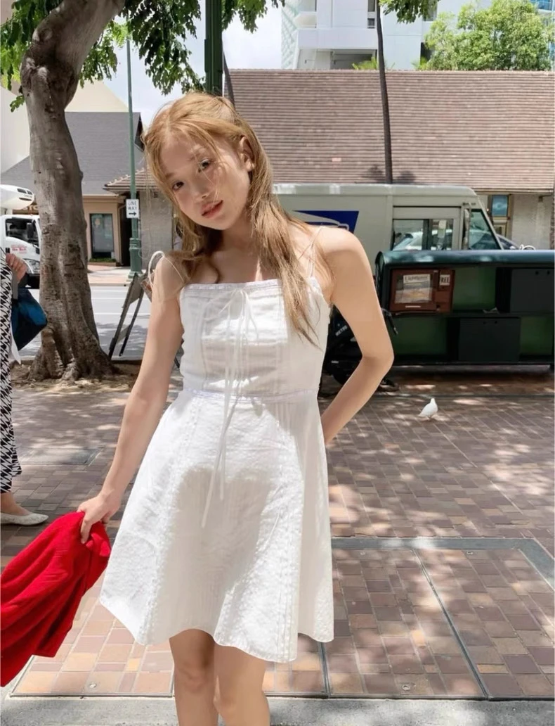 the Barnnet Summer New Lace Trim Svel Belted Dr ort Skirt Vaion Sle High Waist A-Line Silhouette Invisible Zi...