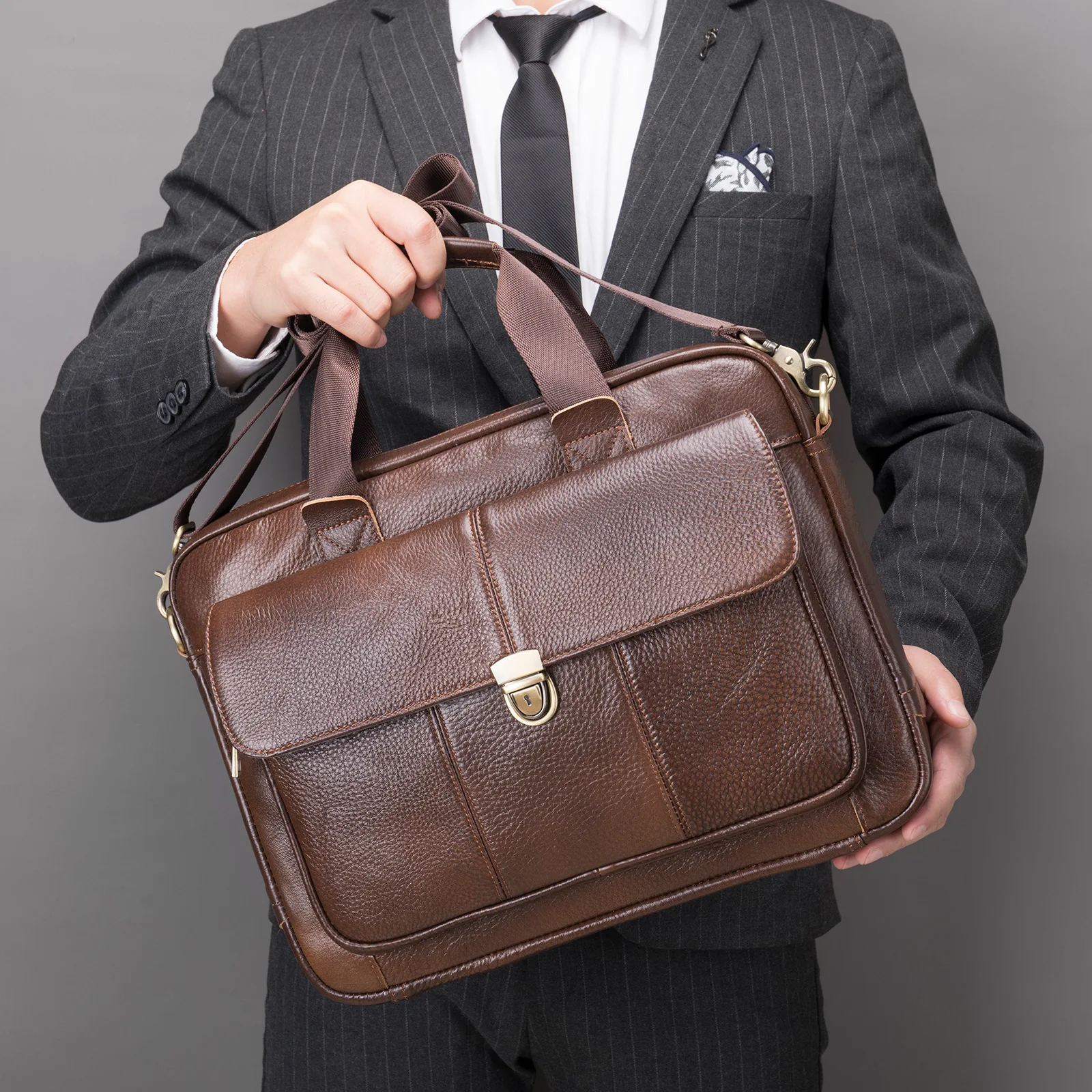 Nieuwe vintage leren aktetas voor heren met laptoptas met grote capaciteit