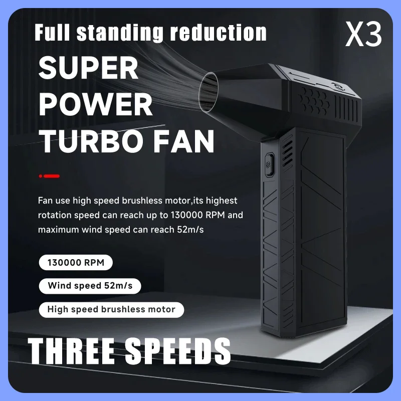 Generation 3 X3 Mini Turbo Fan Three speed adjustment 130,000 RPM Air speed 52m/s Industrial duct fan TYPE-C charging Indicator