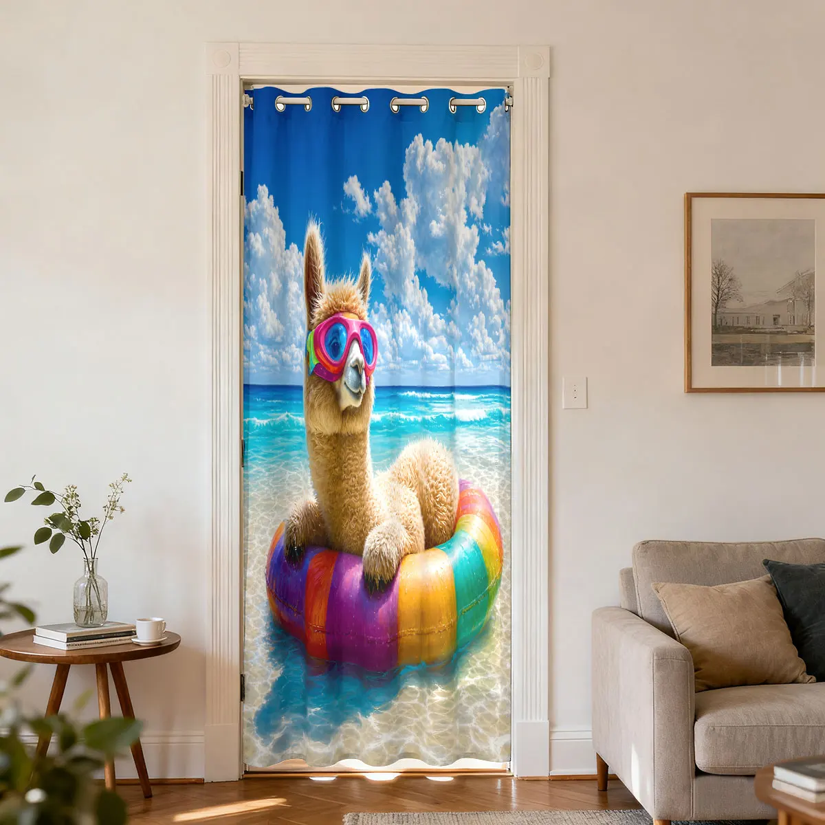 Alpaca With Swimming Goggles Rainbow Swim Ring Single Panel Loop Top Curtain 1PC, Hanging Door Curtain For Living Room Bedroo