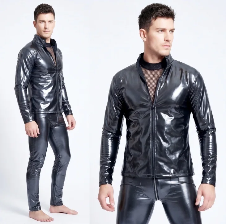 Men Sexy Glossy Black Shirt PU Leather Long-sleeved Slim Tight-fitting Jacket Stylish