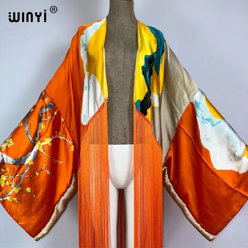 WINYI kimono moda boho letnie stroje plażowe letnie klasyczny nadruk osłona do Bikini sweter seksowne wakacje z długim rękawem sukienka z frędzlami