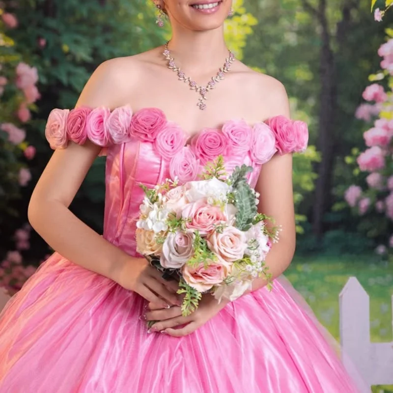 Pink Quinceanera Dress off-shoulder crystal  decal 3D flower Long tail vestidos de 15 Quinceanera ﻿Customize
