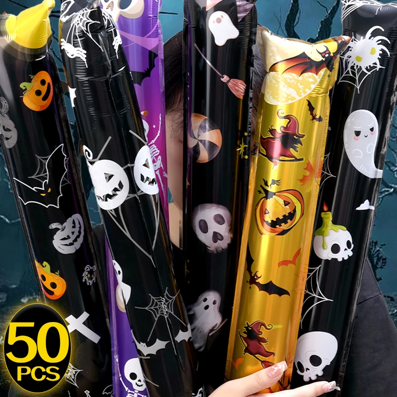 50/10PCS Halloween Balloons Inflatable Sticks Black Skull Aluminum Film Handheld Balloons Kids Toys Party Decor Horror Props