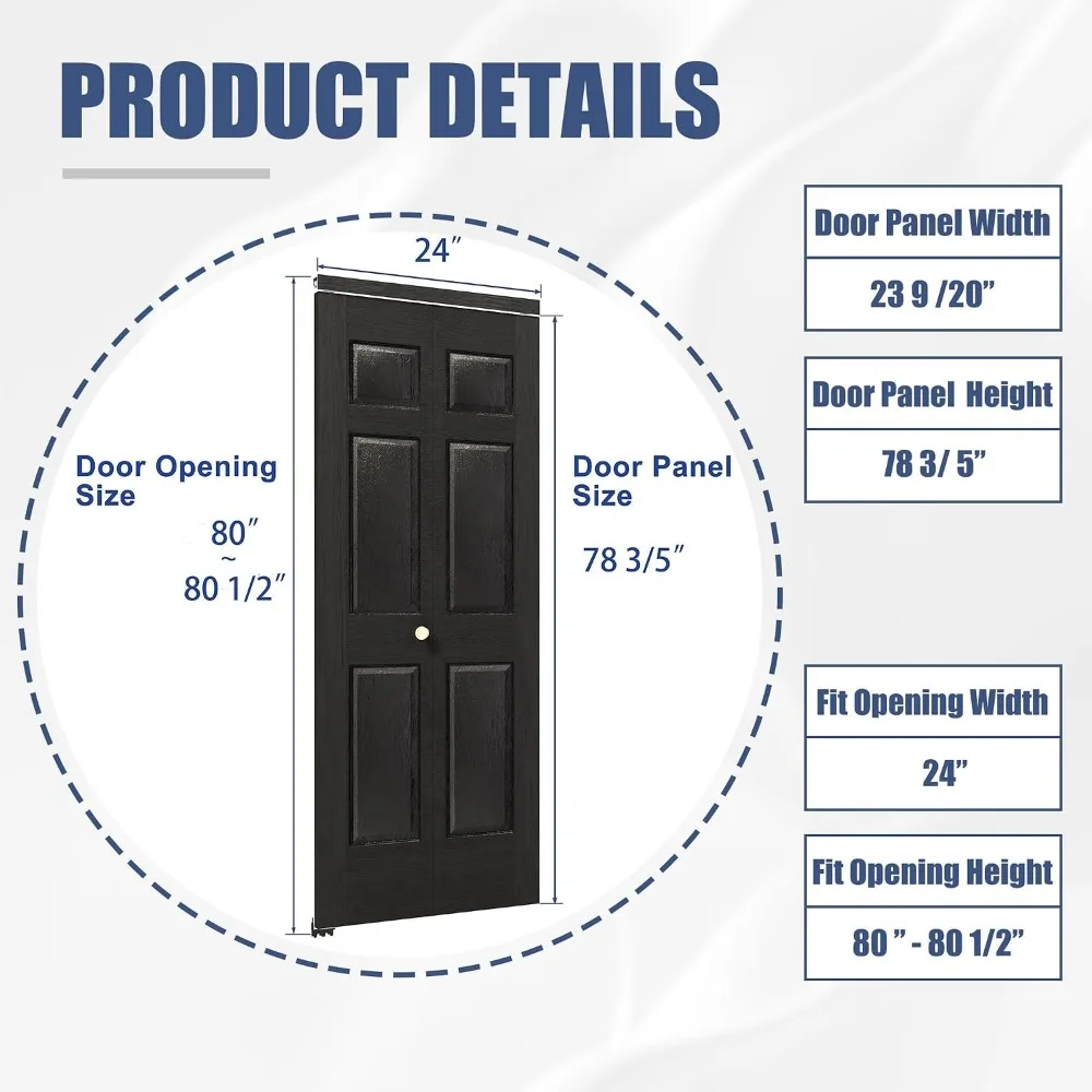 6-Lite Bifold Closet Door 24x80, Hollow Core MDF Folding Door with Hardware, Black