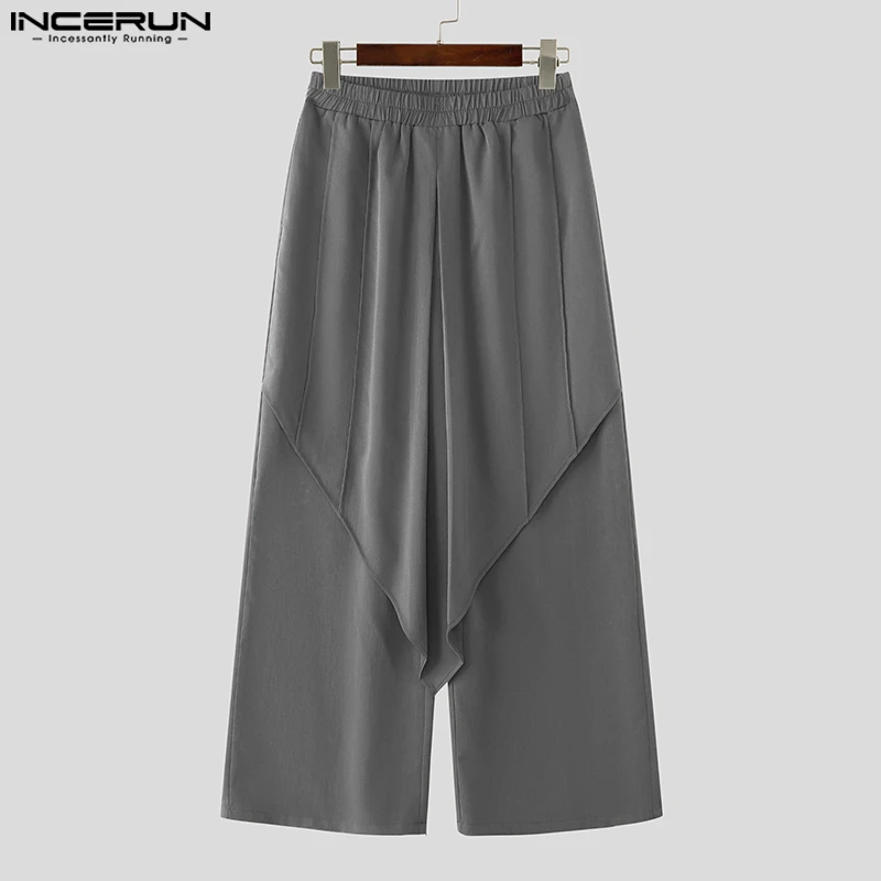 

INCERUN Men Pants Solid Color Elastic Waist Joggers Casual Wide Leg Trousers Men Streetwear Loose 2025 Fashion Irregular Pants