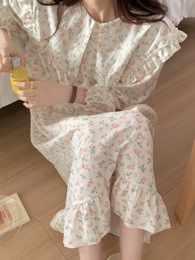 

Floral Nightgowns Women Tender Sweet Mid-calf Fashion Loose Ins Peter Pan Collar Homewear Spring Korean Style College Girls Chic