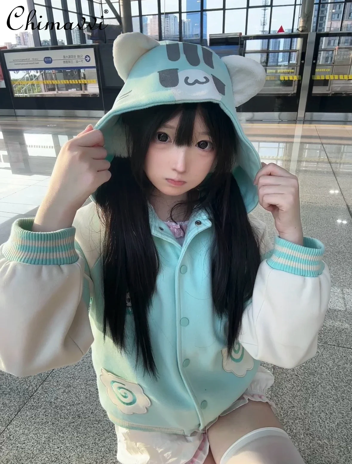 

Soft Girls Cute Printed Cat Ear Baseball Jersey Autumn and Winter Jacket Sweet Student Long Sleeve Loose Y2k Hooded Jacket Top