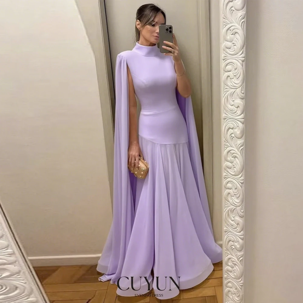 CUYUN Cream Yellow Evening Dresses Women High Collar Cape Sleeves Prom Gown Customized Patchwork Elegant Party Dresses
