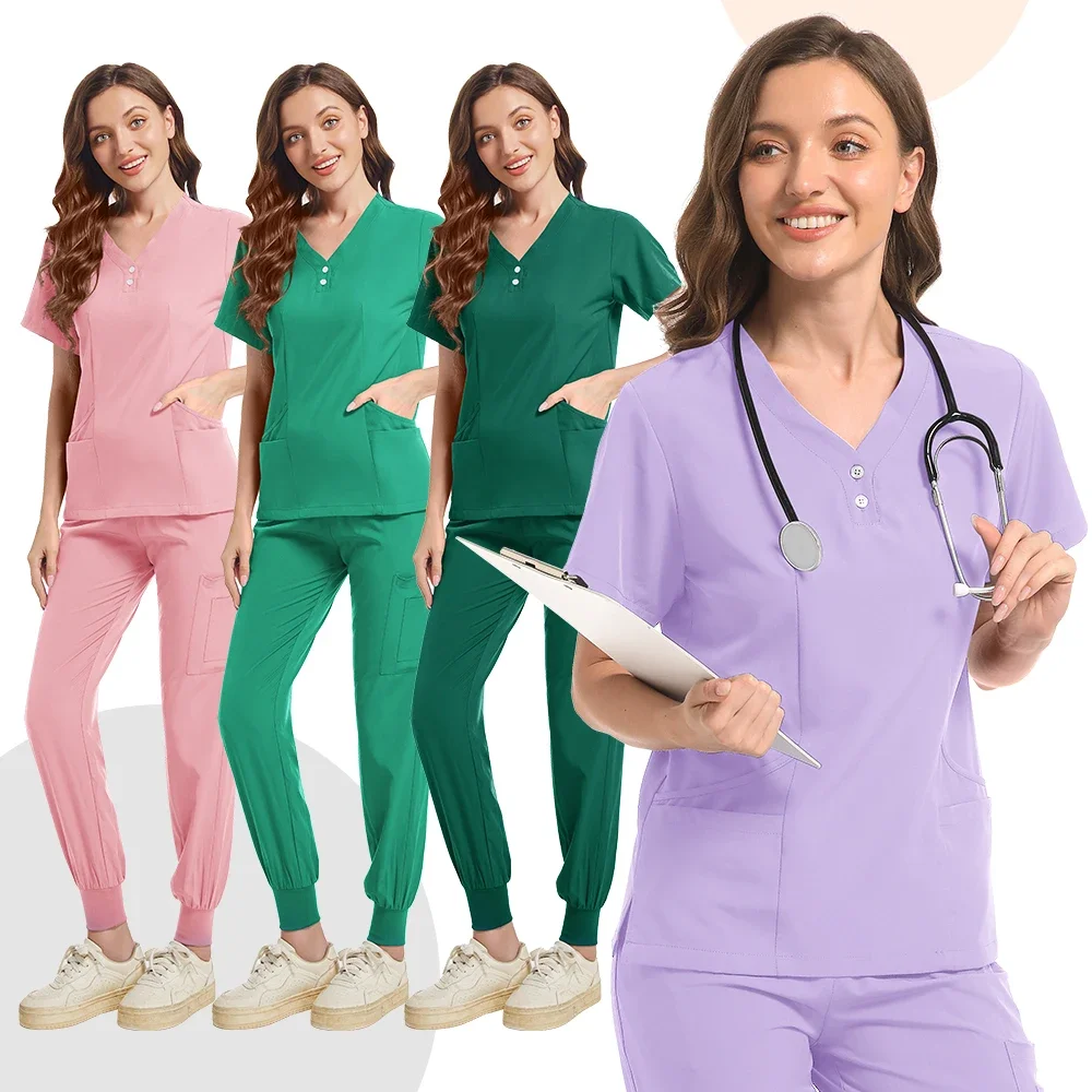 Großhandel Mehrfarbige Knopf Krankenhaus Medizinische Uniform Frauen Chirurgische Tragen Peeling Set Arzt Jogger Anzug Krankenschwester Arbeitskleidung