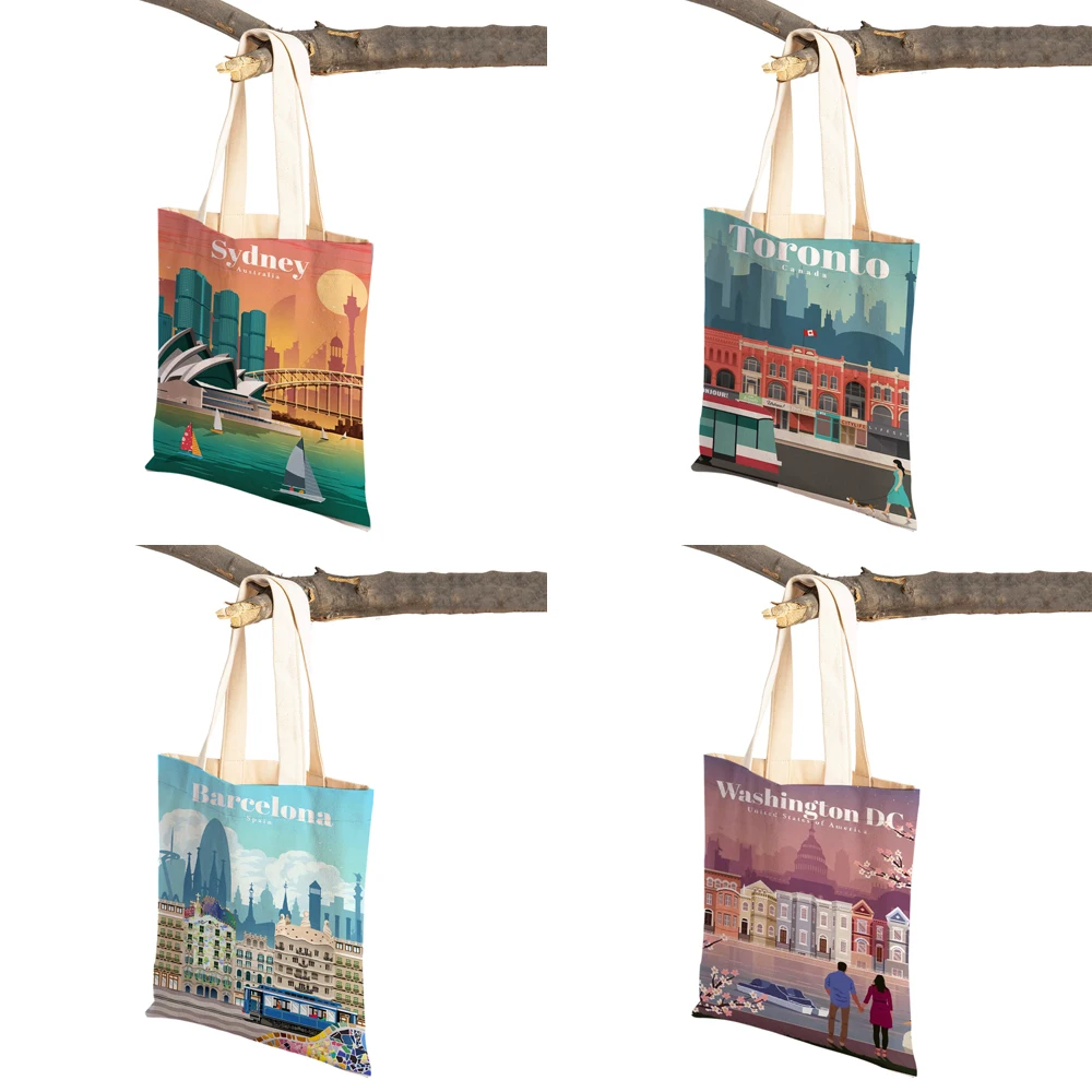 Fashion City Map London New York Paris Spain Shopper Bags Tote Lady Handbag Both Sides Casual Canvas Women Shopping Bag