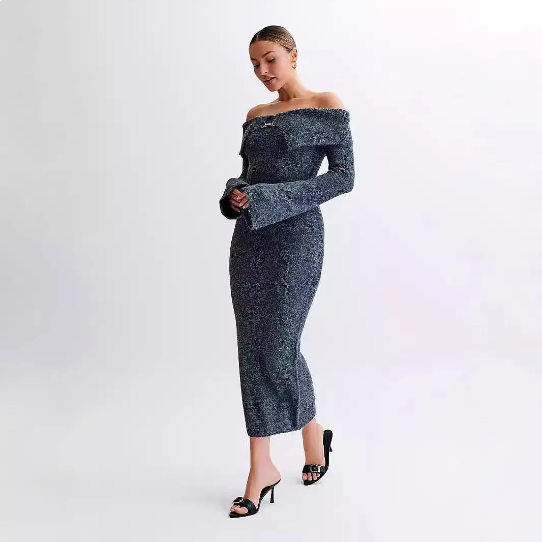 Knit Sweater Dress Women One Shoulder Bodycon Midi Dresses Slim Fit Knitted Pullover Dresses - view 4