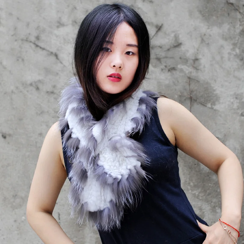 رخيصة بيع المرأة حقيقية ريكس الأرنب الفراء محبوك الأوشحة مع وشاح الفراء الثعلب تقليم #2