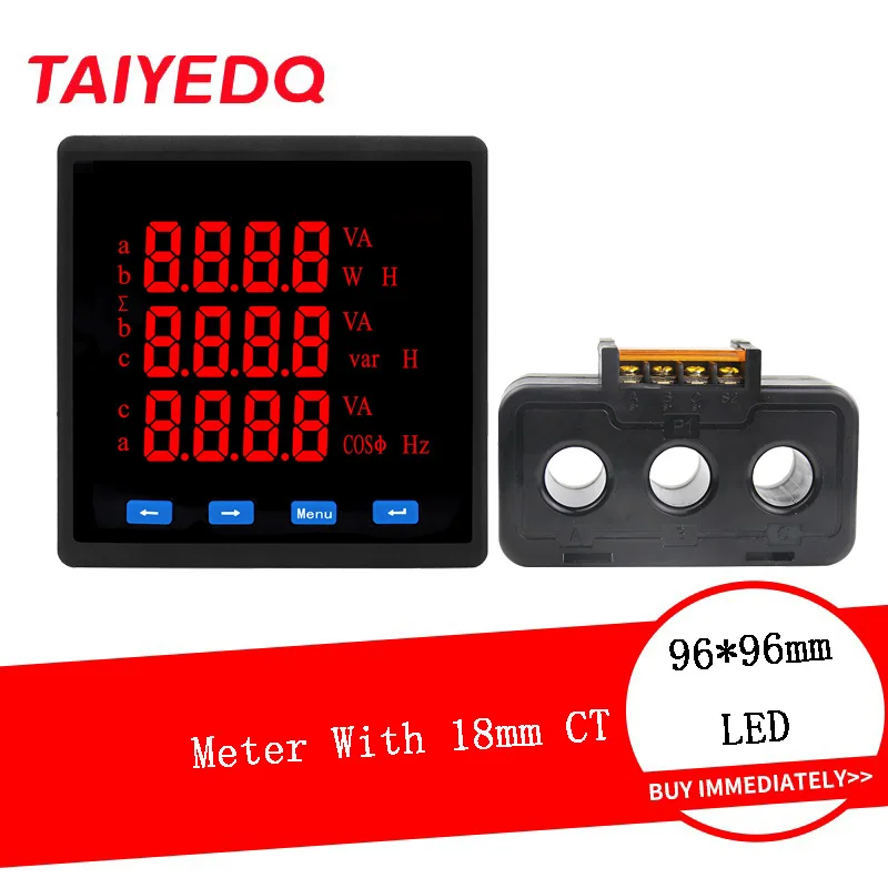 Three Phase LED Digital Energy Meter with CT 30A50A100A150A200A Voltage Frequency RS485 Watt Hour Panel Meter