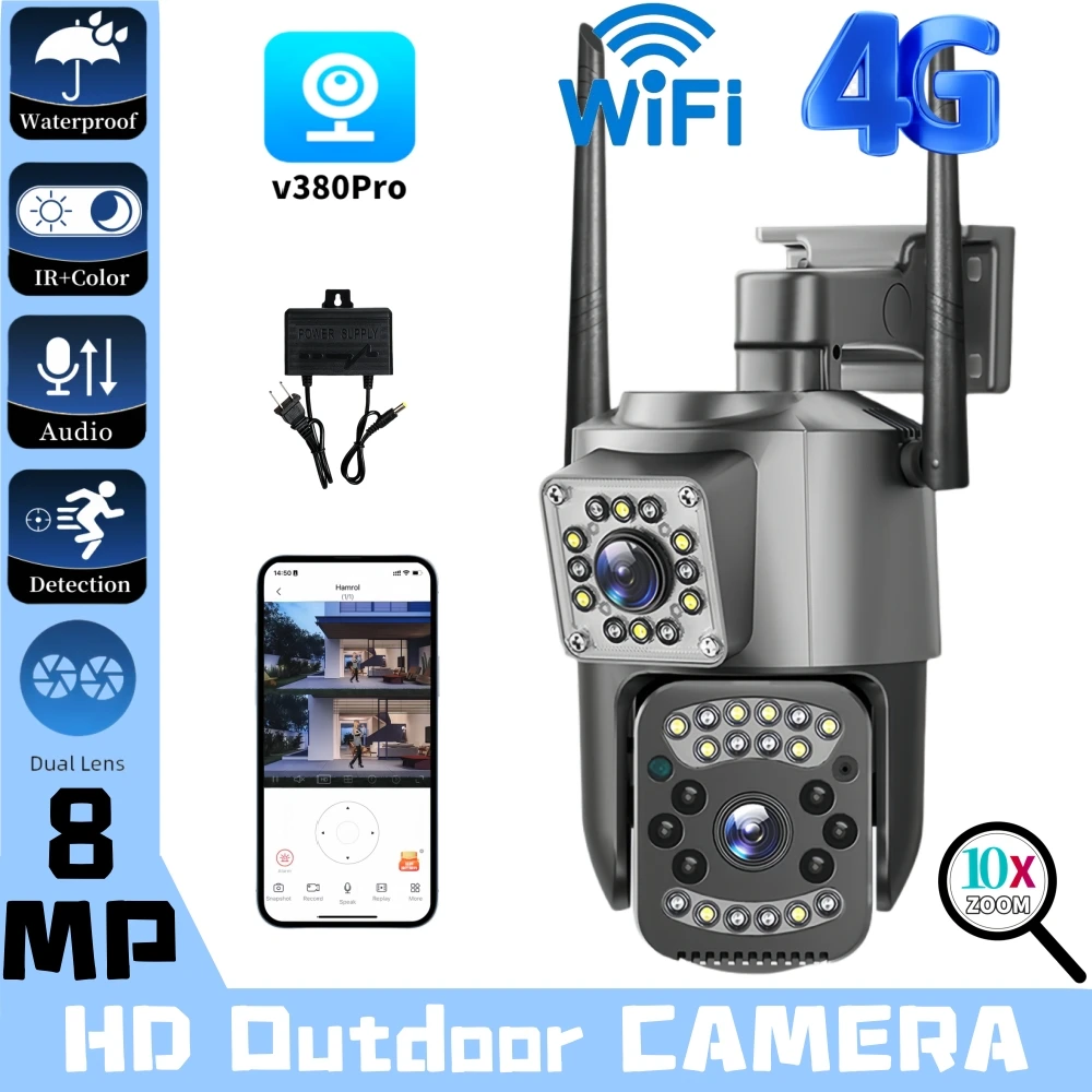 4K 8MP WIFI IP Camera HD PTZ Dual Lens CCTV Surveillance 4G Cameras 10X Zoom Automatic Human Trackin Outdoor IP66 Waterproof