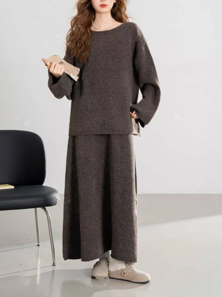 

Новинка весны и осени, женские свитера, юбки, наряды для женщин, вязаные топы с длинными рукавами, сексуальные юбки с разрезом, комплекты женских пуловеров, комплект из 2 предметов