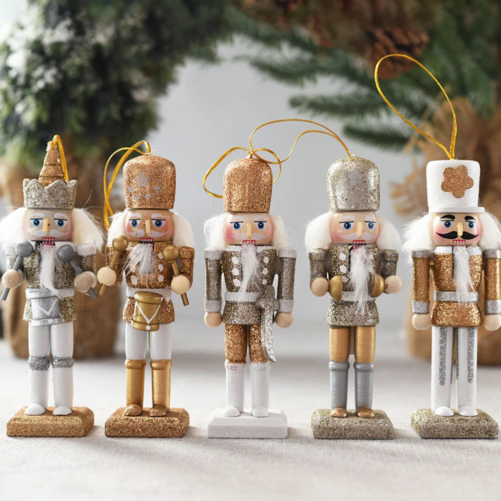 5 PCS Wooden Christmas Nutcracker Figures Nutcracker Soldier Hanging Decorations for Table Desktop Fireplace Christmas Tree