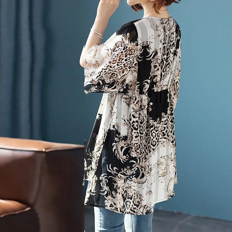 Summer Oversized Women Elegant V-neck Vintage Print Irregular Fashion Tunic Midi Chiffon Shirts Casual Short Sleeve Tops Blouse