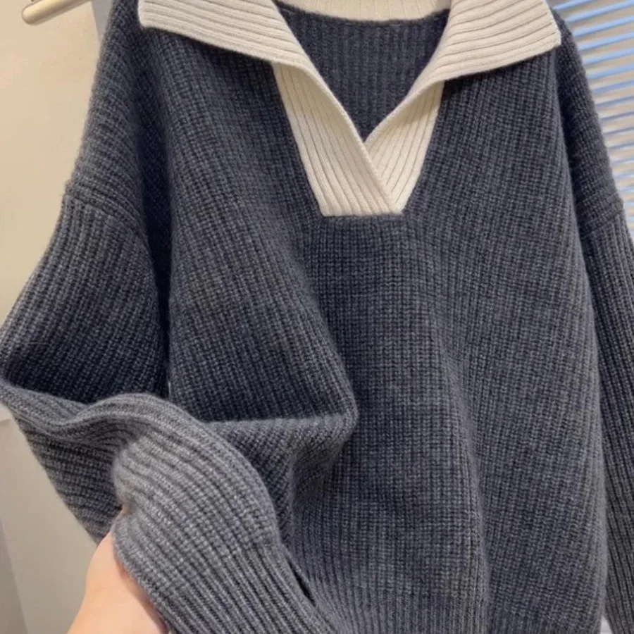 

Свободный вязаный свитер большого размера в корейском стиле с цветными блоками, женский мягкий уютный базовый топ, серый свитер из ледяного шелка с ремешком обычного кроя