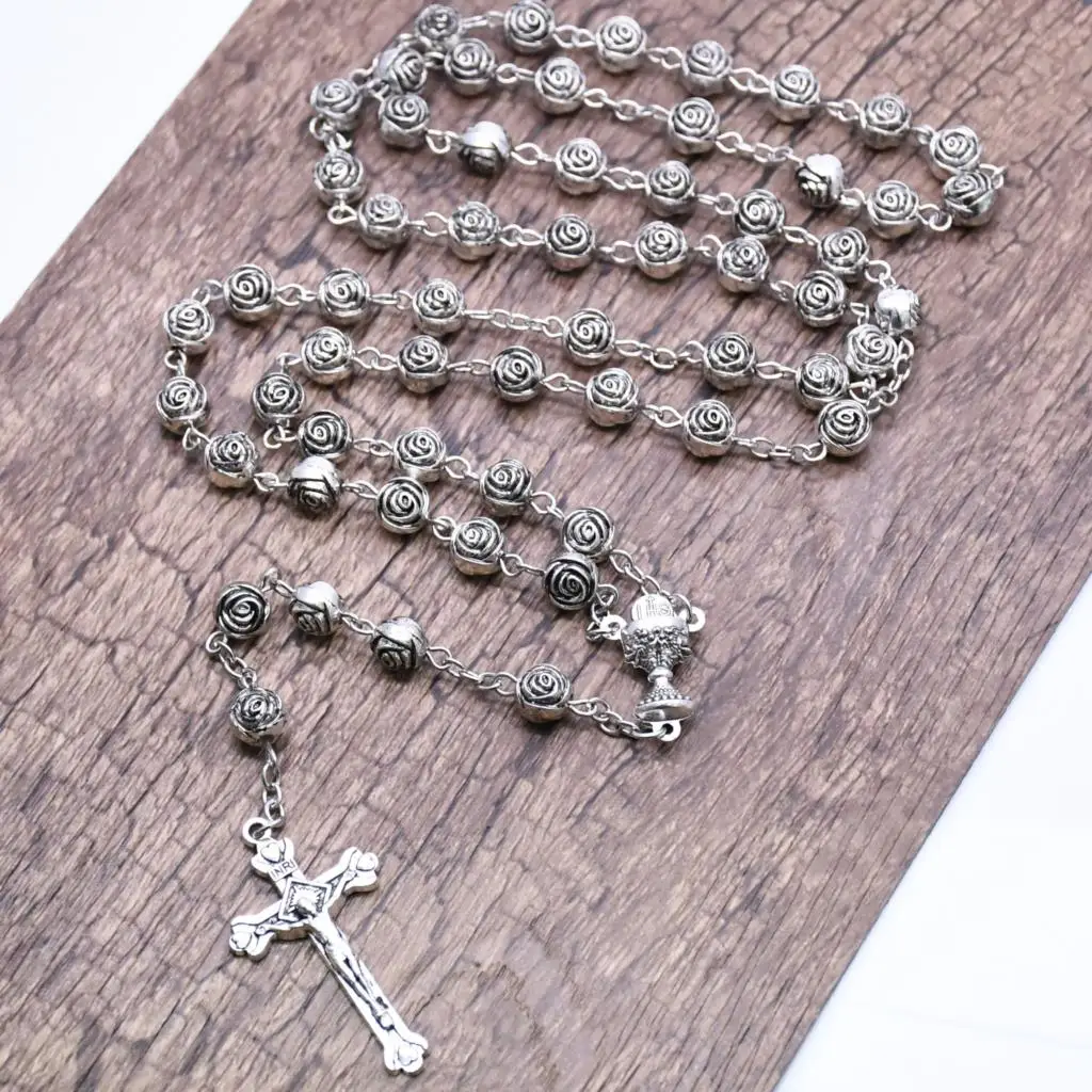 8mm Metal Silver Plated Retro Rosary Cross Pendant Rosary Necklaces Men Women Eeligious Belief Prayer Jewelry Accessory Gifts