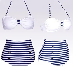 New Blue Striped High-waisted Bikini Wholesale Halter Sexy Swimwear 2 Pieces Brazilian Swimsuit Women's Push Up Bathing Suits