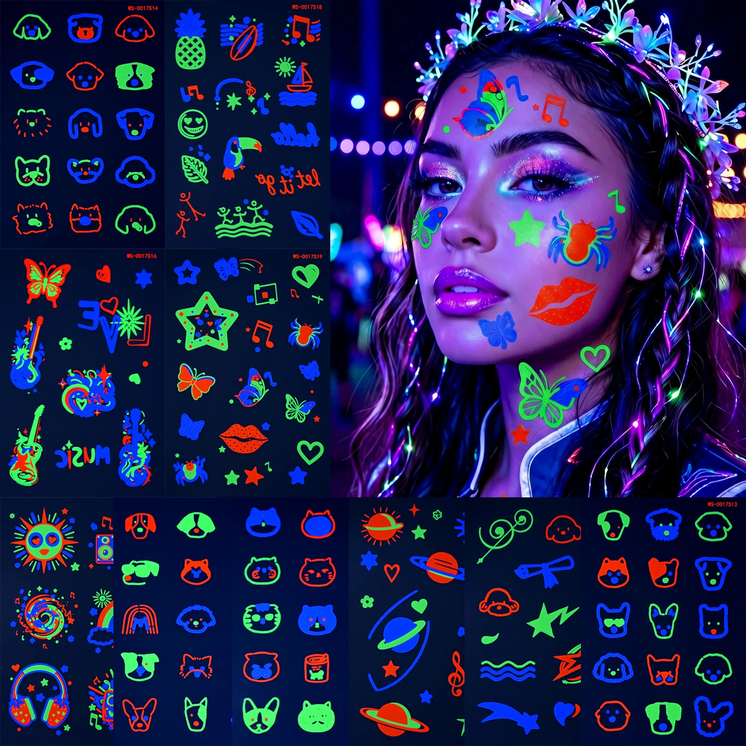 10pcs Neon UV Temporary Tattoo Stickers Cartoon Animal Star Heart Flower Body Tattoos for Bar Concert Night Party Body Supplies