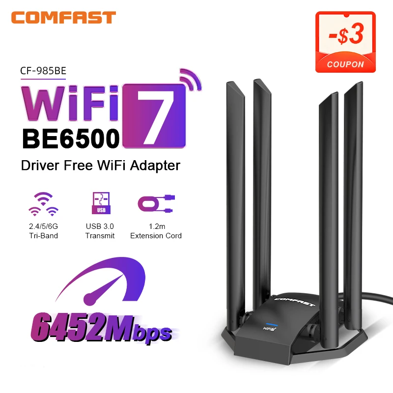 COMFAST WiFi7 USB-адаптер BE6500 2,4G 5,8G 6 ГГц Беспроводная сетевая карта 802.11be 6500 Мбит/с Wi-Fi 7 Антенный ключ WiFi 7 Adaptador