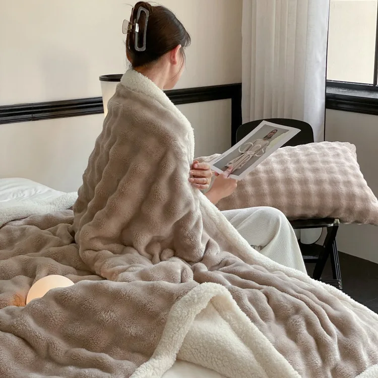 

Double Layer Thickened Warm Blanket Soft Flannel Solid Color Cozy Plush Lamb Velvet Winter Bed Sofa Throw for Adults Kids Home