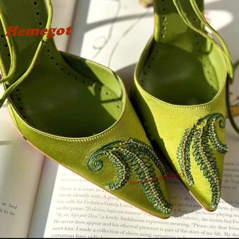 Décolleté in raso verde ricamato con lacci e punta a punta tacchi a spillo sandali da donna estate Solid Slingback scarpe da festa di lusso Sexy