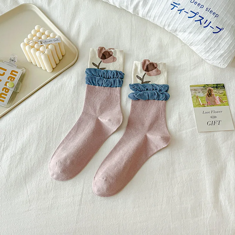 New Women's Sweet Flowers Spring Autumn Fashion Retro College Style Cute Tulip Funny Mid Tube Socks Long Cotton Sock