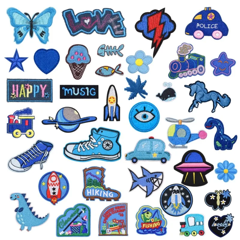 

50pcs/Lot Blue Leaf Flower Fish Embroidery Patch Music Train Eye Shark Butterfly Alien Sneaker Kid Clothing Decoration Accessory