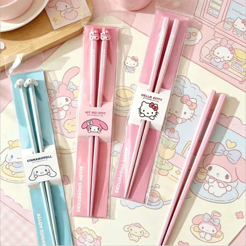 Cute Hello Kitty Melody Cinnamoroll Stainless Steel Chopsticks Anti-Slip Pair Cartoon Design Household Utensil Set Kids Presents