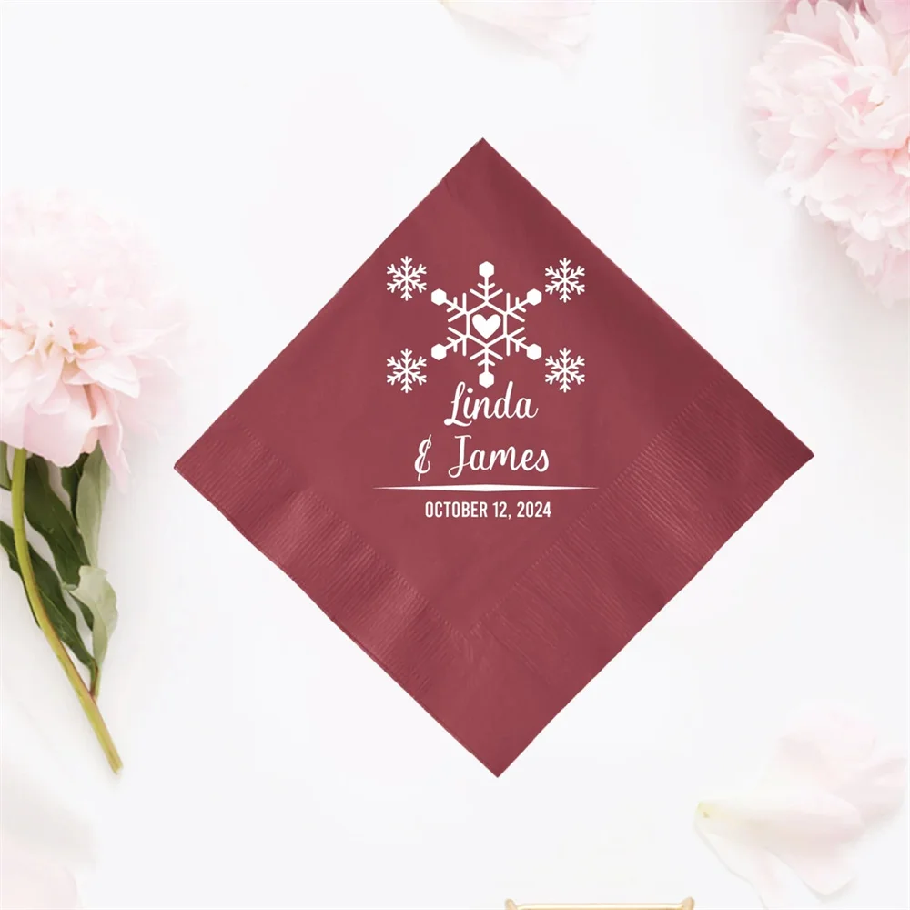 

50PCS Snow Flakes Wedding Napkin Design, Personalized Beverage Wedding Napkin as Favors and Gifts, Custom Wedding Napkins, Weddi