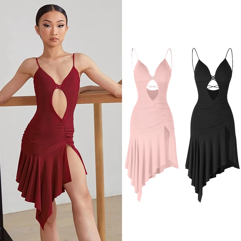 

Girls Latin Dance Dress Summer Suspender Hollow Slit Dress Rumba Tango Dance Clothes Kids Ballroom Practice Clothing DNV20719