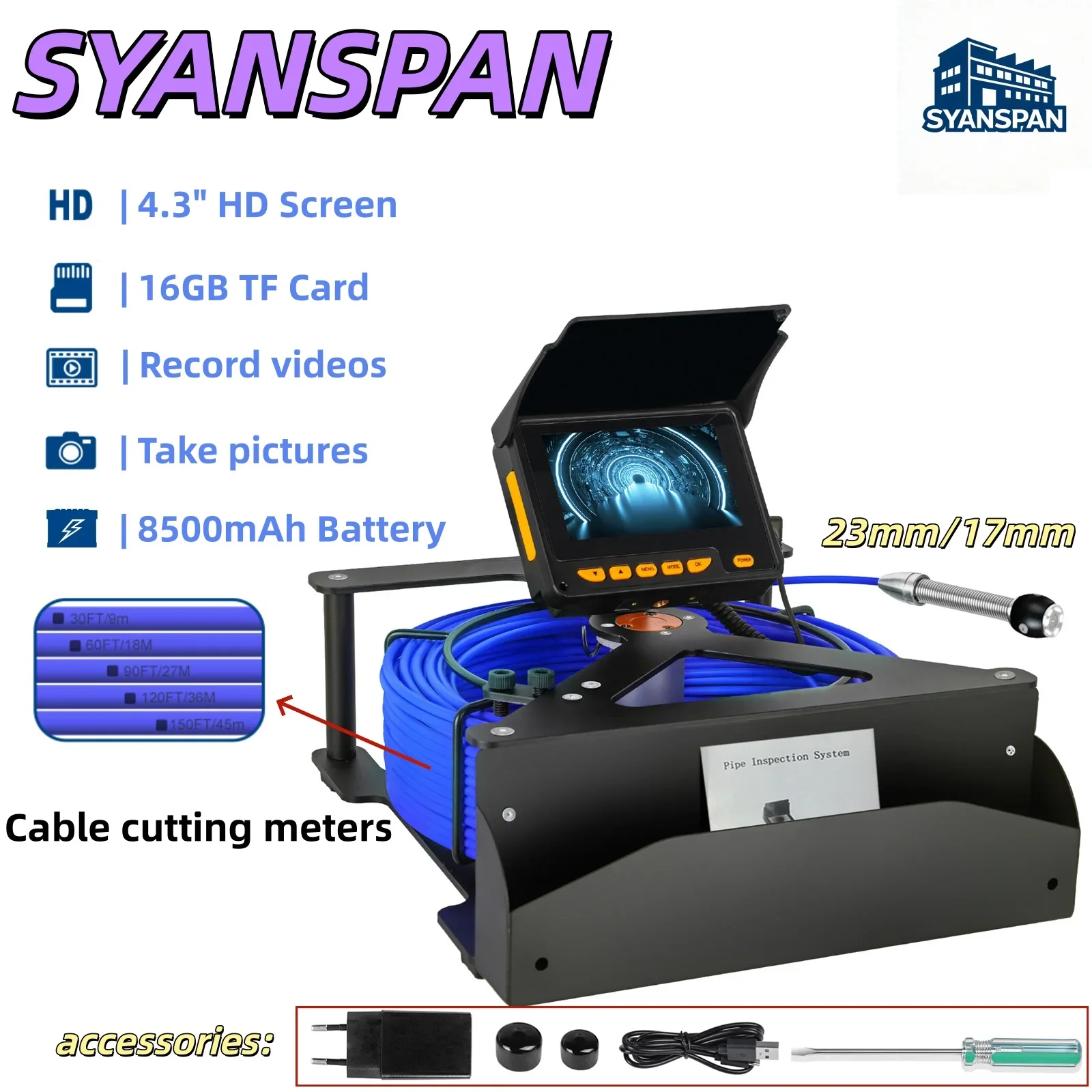 

Sewer Pipe Inspection Camera DVR 16GB Video Recording,SYANSPAN Drain Industrial Endoscope Waterproof 8500MHA Battery 20/30/50M