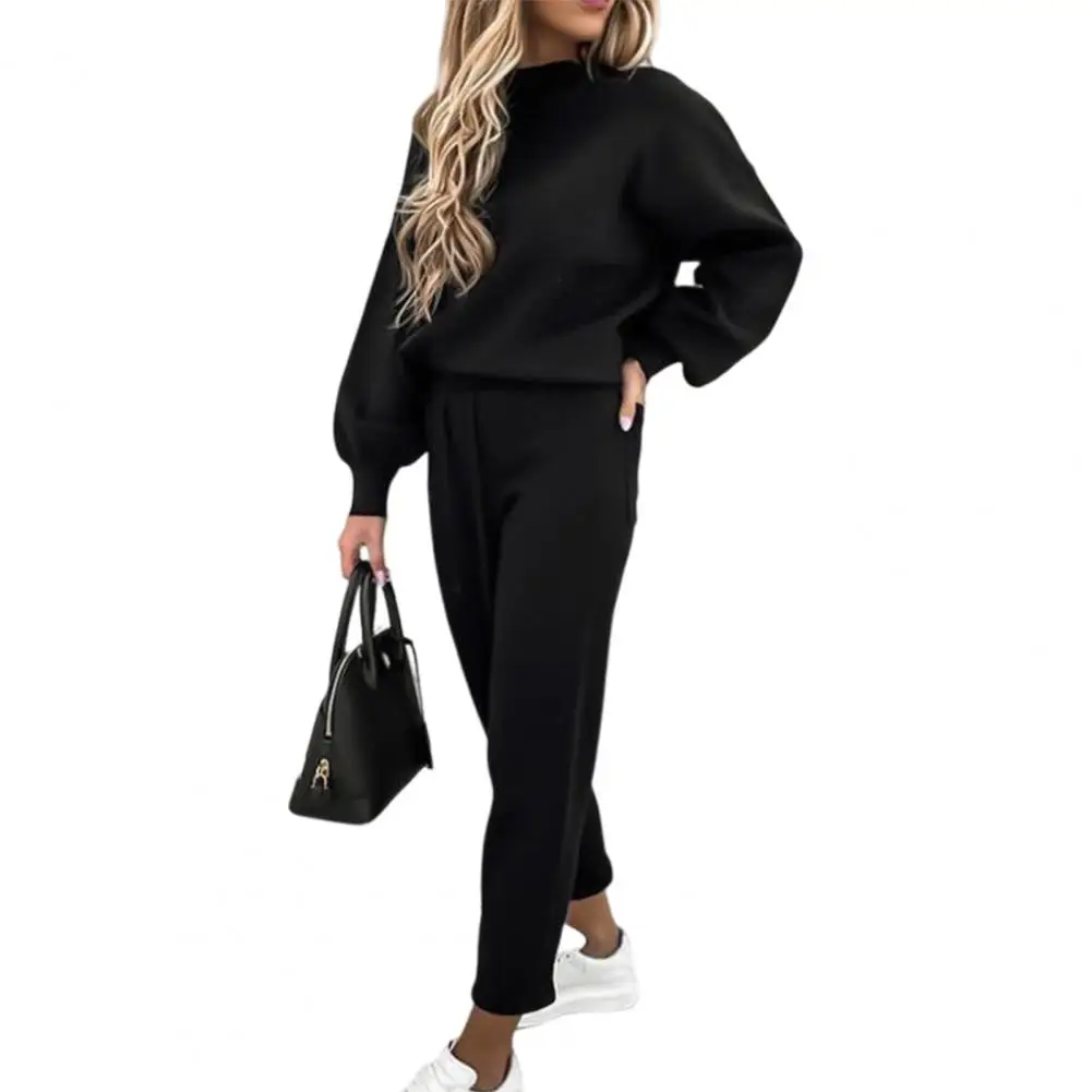 Lady Top Pants Set Pullover Pure Color Women Tracksuit Elastic Waist Long Pants Sweatshirt Sweatpants Suit for Jogging