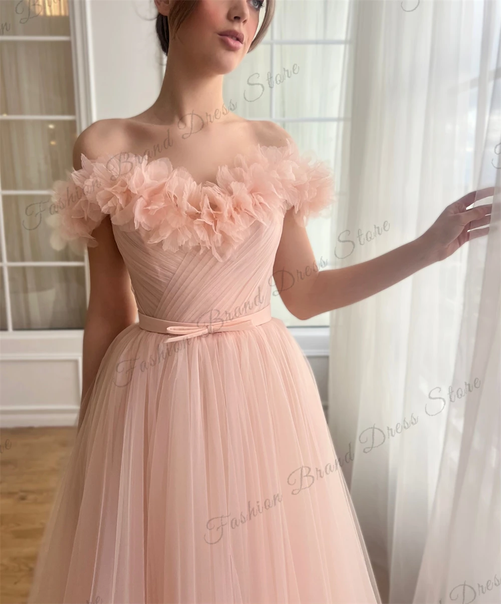 Tulle Off-the-shoulder Strapless 3D Flower Cocktail Dresses Pleated Corset Graduation Gowns A-Line Tea-length Homecoming Gowns