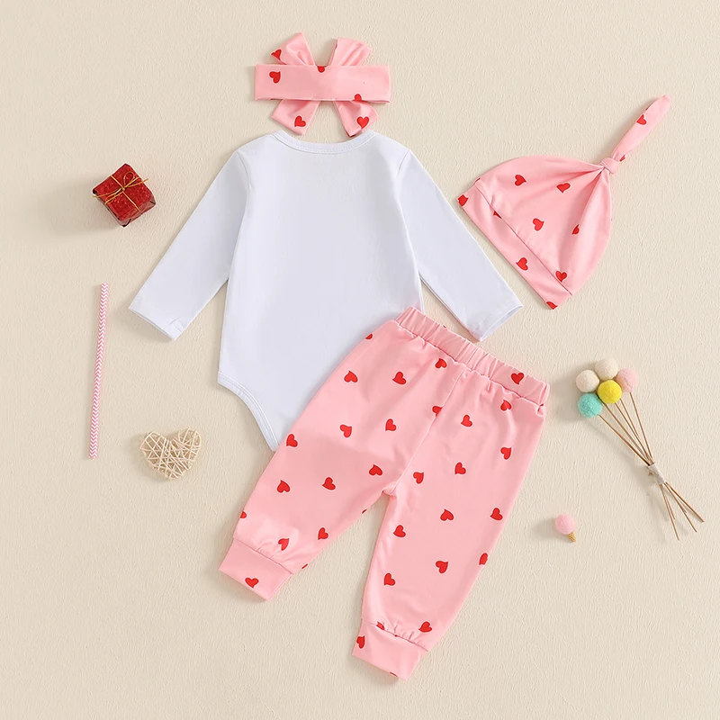 2024-10-05 Lioraitiin Baby Girls Valentine's Day Outfits Love Heart Print Long Sleeve Rompers with Pants Hat Bow Headband Set