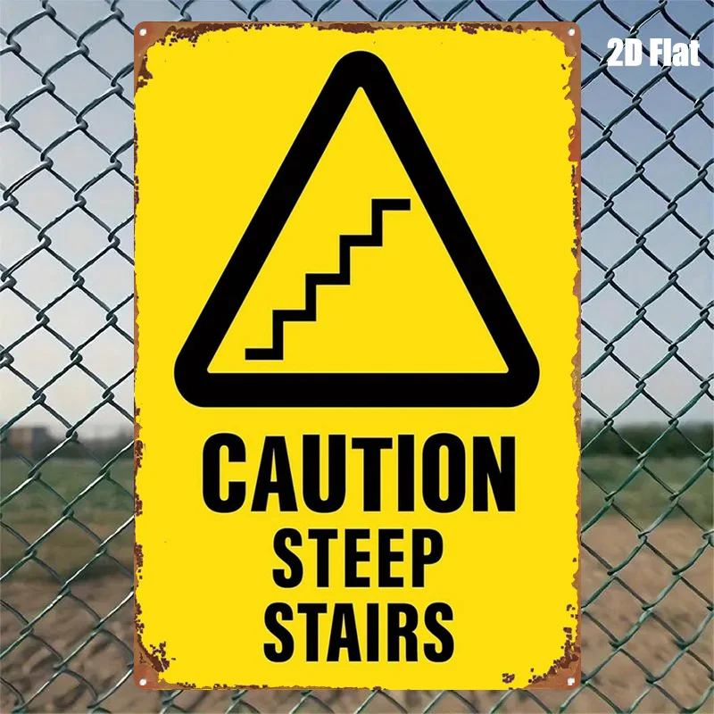 2027 1pc Metal Sign Warning: Steep Stairs - Yellow Background with Black Triangle Pattern and Iconic Figure, Suitable for Liv