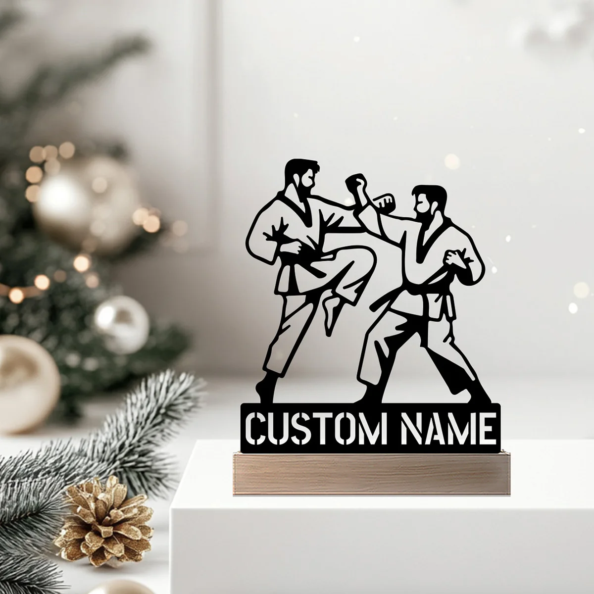 1pc Abstract Martial arts combat Customized Name Metal Statue Metal Ornament With Wood Base Metal Sculpture Handicraft With Wood