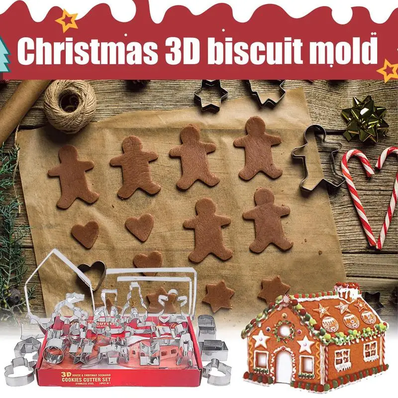 Cookie Cutters Winter Cartoon 3D Gingerbread House Stainless Steel Molds Biscuit Cutter Set With Christmas Tree Snowman Reindeer