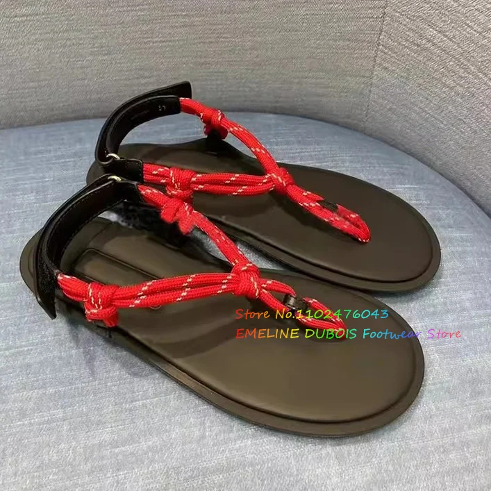 Cord Strap Leather Sandals Women Round Toe Spring 2024 New Flat Flip Flop Clip Toe Vacation Beach Flat Bottomed Sandals