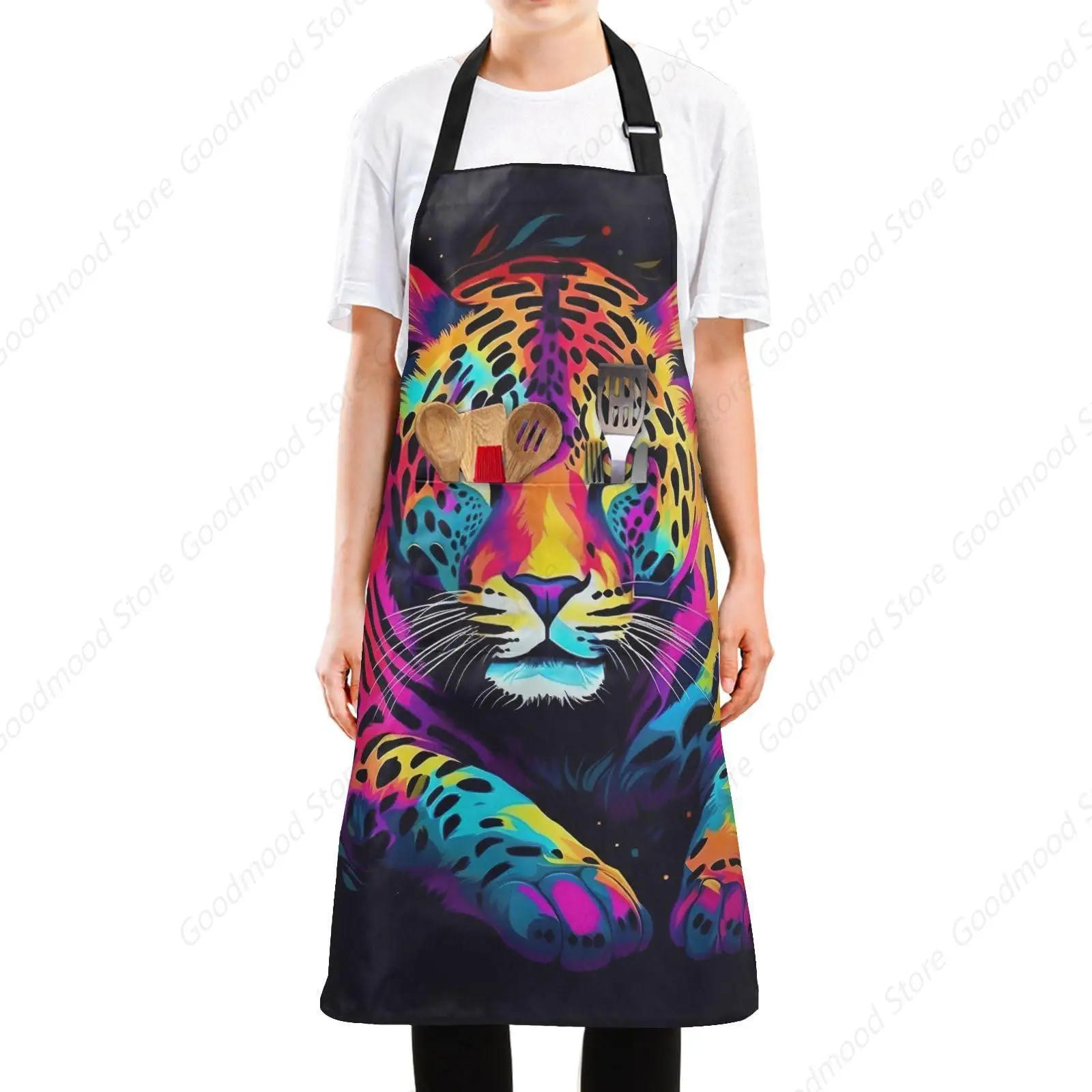 Savannah Apron, Siberian Tiger Eye Looking Through Wooden Peep Hole in Spy Predator Big Cat Wild Print, Unisex Kitchen Bib