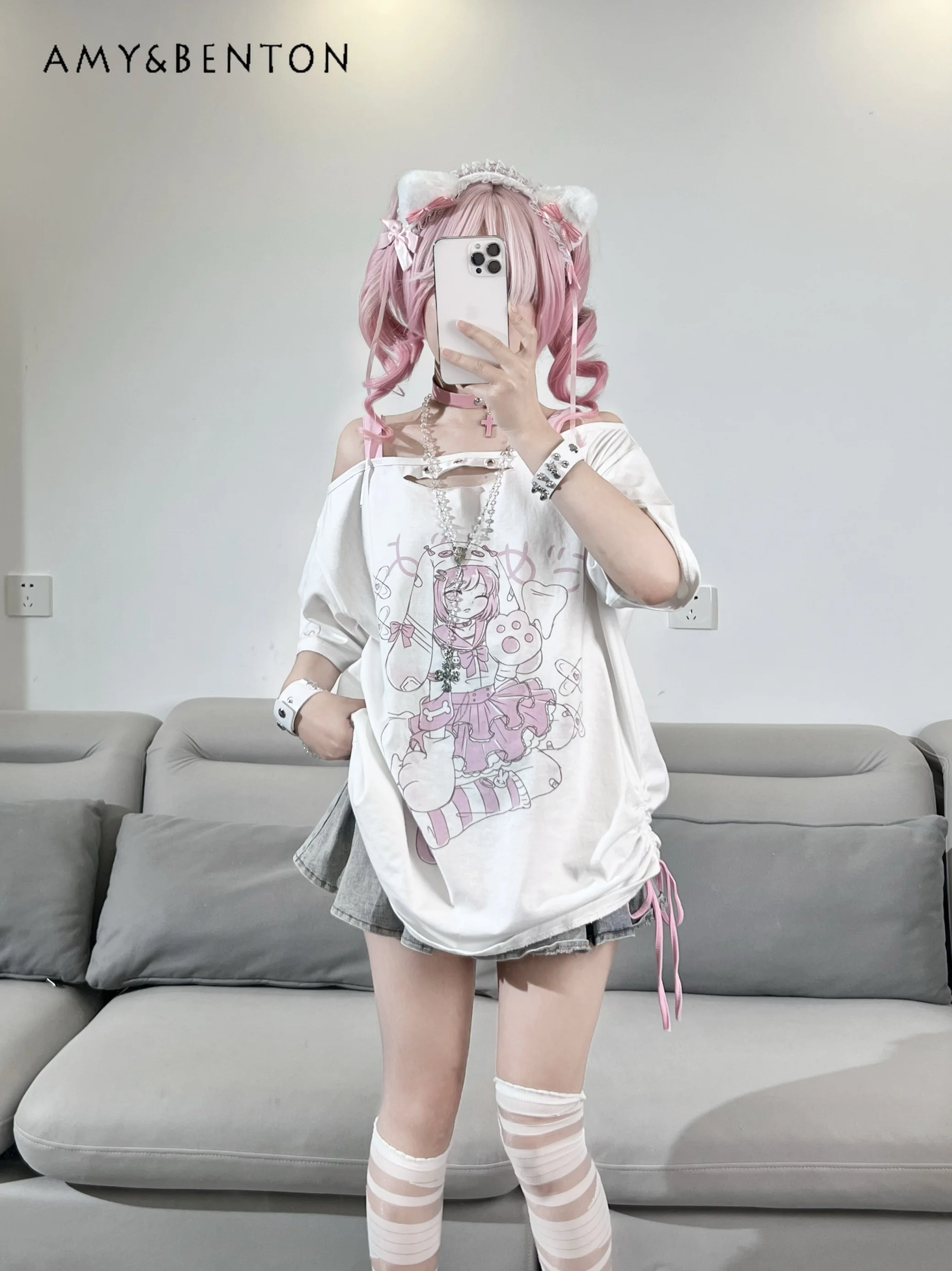 Subculture Kawaii Anime Print T-Shirt con spalle scoperte estate New Harajuku Gothic Sweet T-Shirt oversize bidimensionale Y2k Top