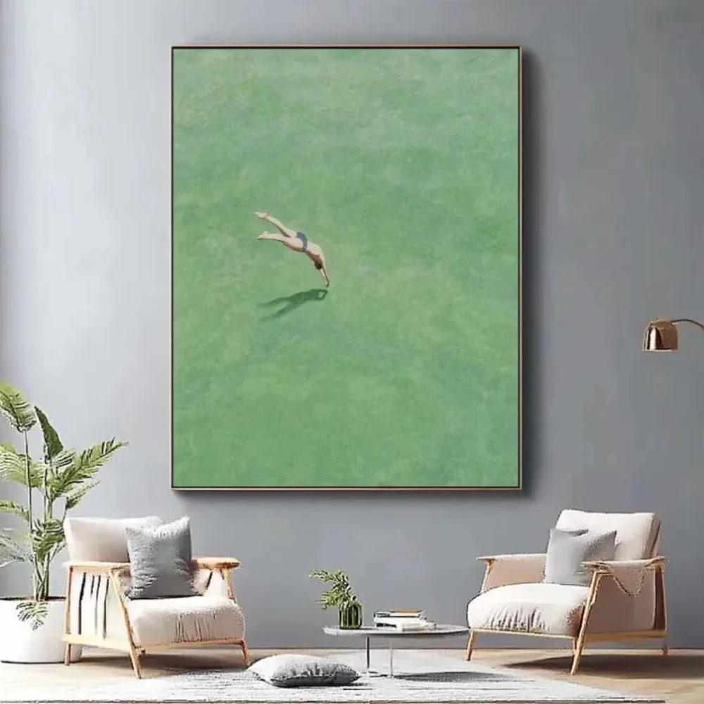 Frameless ,1pcs  Swimming Into The Sea Green Ocean Poster Green Minimalist Landscape Ocean Holiday Canvas Painting Room Home Dec