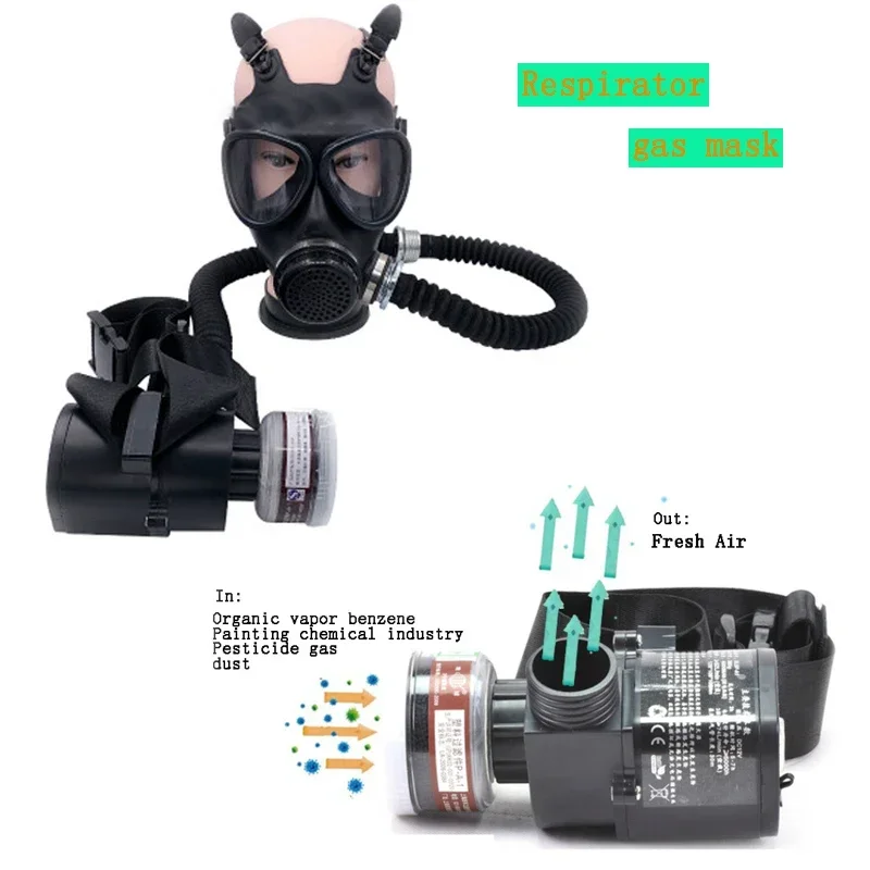 Type 87 Gas Mask Portable Electric Air Supply Rechargeable Long Tube Respirator Rubber Full Face Mask Formaldehyde Protection