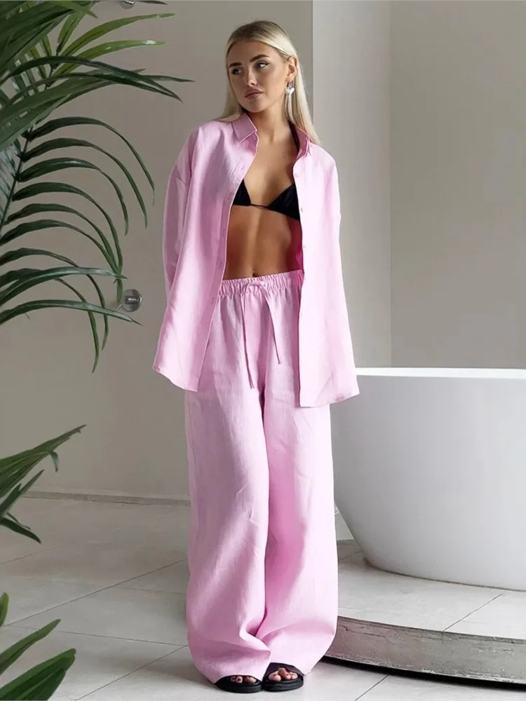 

Casual Shirt Pants Outfit Women Cotton Linen Solid 2 Piece Set Single Breasted Top Wide Leg Pants Sets Spring Autumn Loose Suit