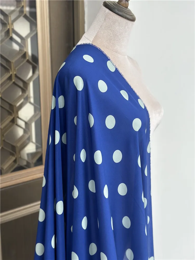 1 meter 100% Mulberry Silk 14 momme Crepe Silk Blue Dots Printed 136cm 53\